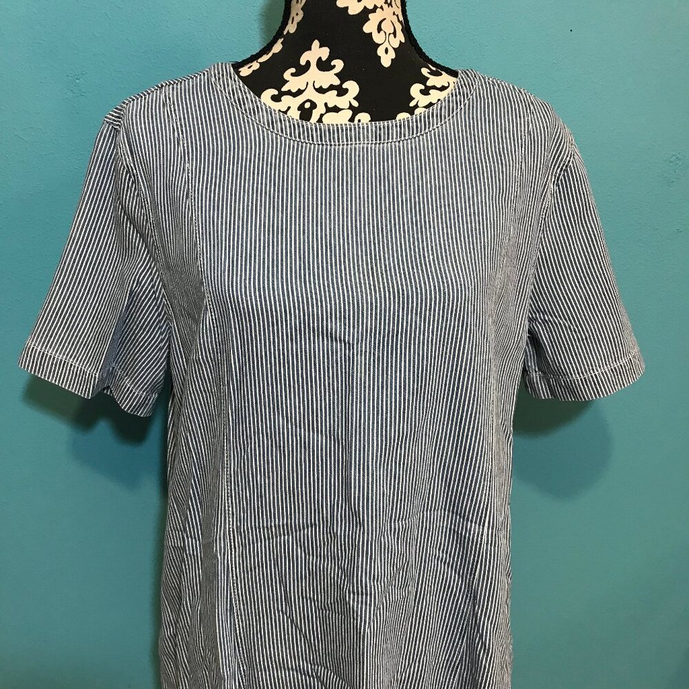 Caslon Woman's Blue & White Striped Denim Frock Dress EUC Large L Casual Career